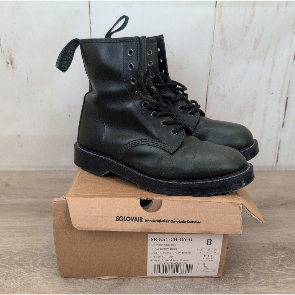 Solovair Classics Green Gaucho Crazy Horse 8 Eye Derby Boot Mens Size 9 US /8 UK
